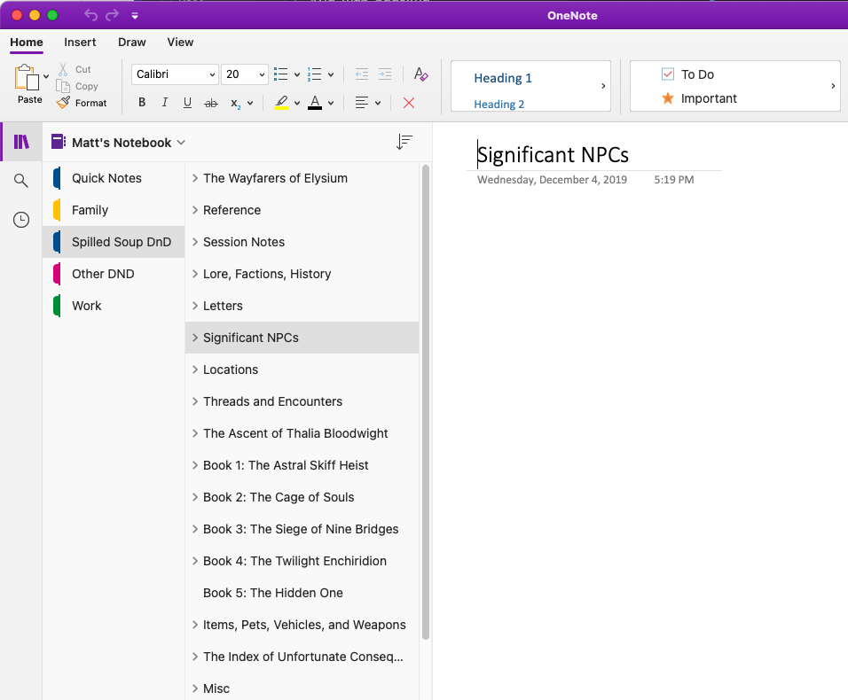 OneNote notebook for a campaign